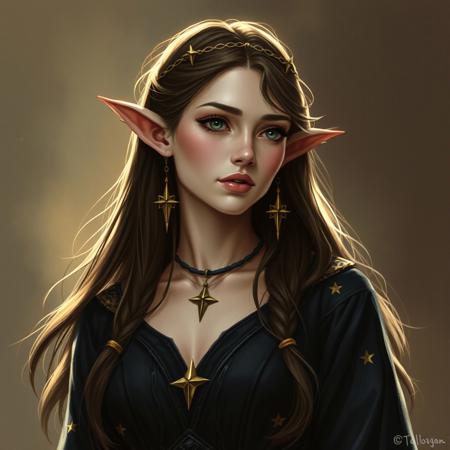 The woman in this picture is a druidic elf. She is wearing black garbs with pretty stars on them.
The art style is astral, high quality and beautiful.