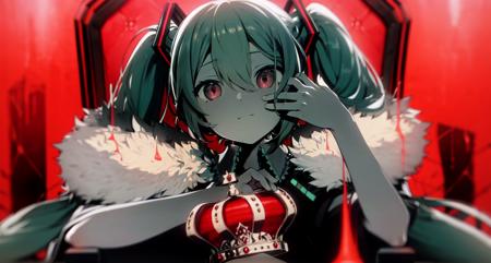 masterpiece, best quality, ultra-detailed, illustration, 1girl, hatsune miku, <lora:KingKanariaStyle_Soft:1>, kingkanariastyle, red background, chair, crown,