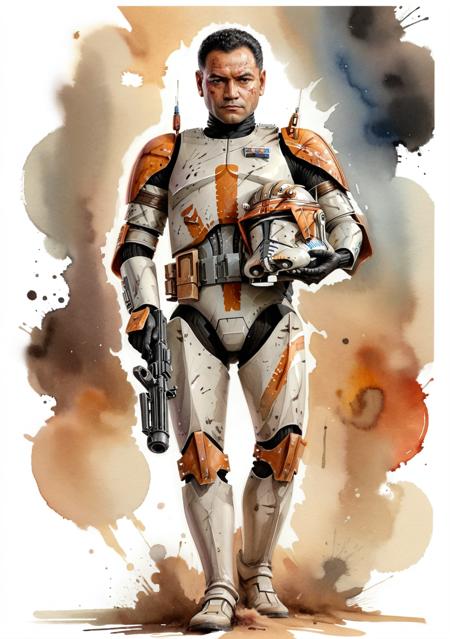 (full body:1.5) watercolor old book style ink illustration of <lora:Clone_Trooper_Cody:1> Clone Trooper Cody portrayed by Temuera Morrison, holding pistols, his face has a serious expression, skin pores, short black hairstyle, pose inspired by Boris Vallejo, brushwork echoing Carne Griffiths, realistic, lifelike, (on parchment, ink splashes, ink stains, ink smears, faded ink:1.3), (futuristic:1.5), futuristic desert background, galaxy, lucasfilms, glass, sun, in the clouds, fractals, sunrise, moody tones, vivid watercolor, mentixis, linquivera, movie poster, star wars vibes, (watercolor style with strong washes:1.2), <lora:watercolor:1.4> watercolor, <lora:ral-wtrclr:0.4> ral-wtrclr