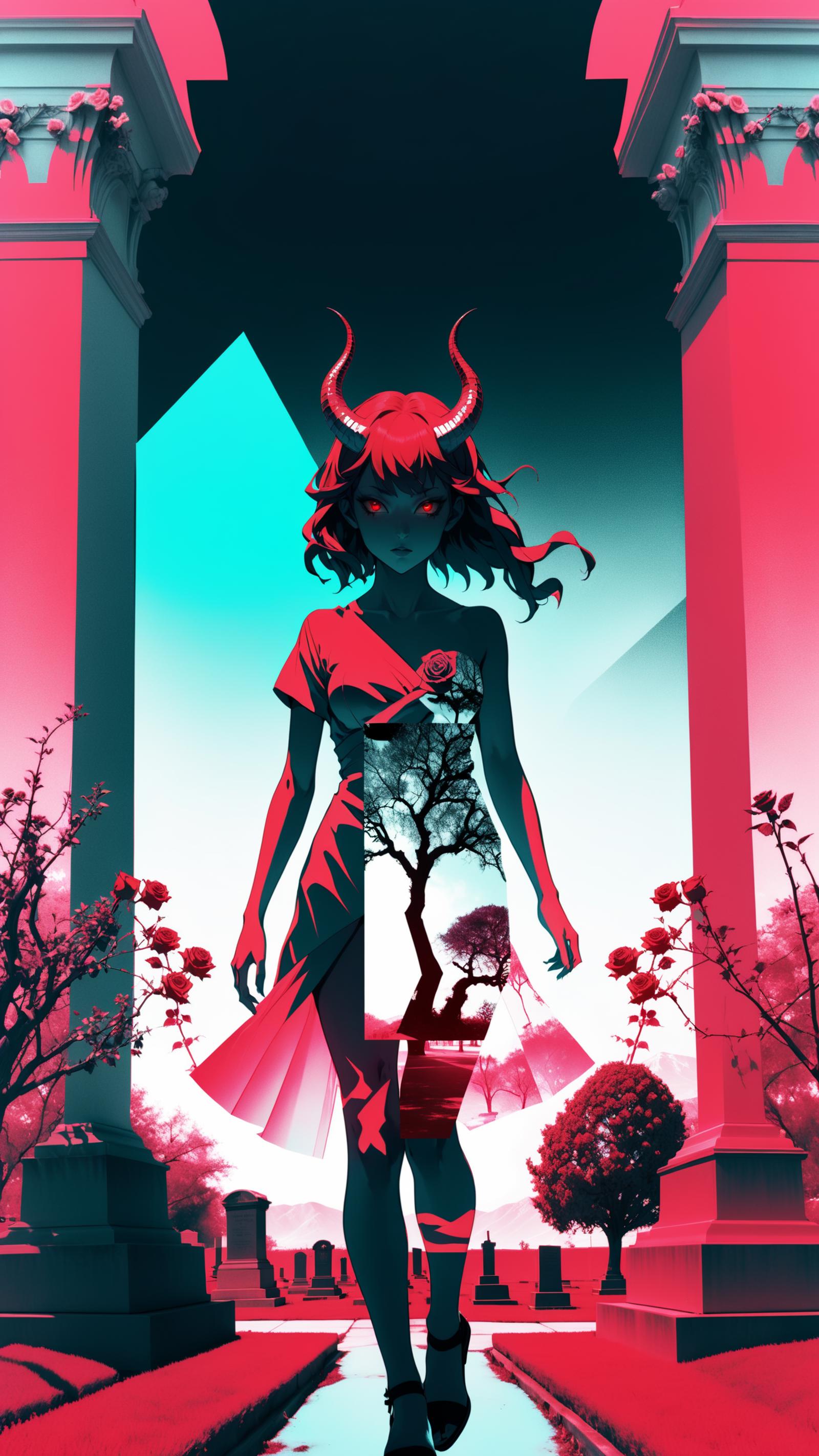 A woman with horns and a red dress is standing in front of a tree.