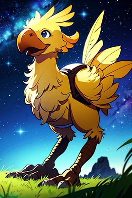 chicken, open mouth, blue eyes, closed eyes, outdoors, wings, sky, cloud, no humans, night, bird, grass, feathers, star (sky), night sky, starry sky, creature, beak, chocobo <lora:Chocobo_FF:1>