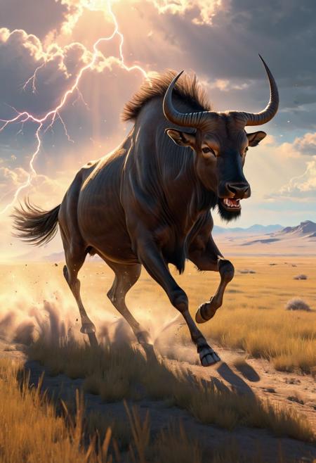 Realistic painting of a male wildebeest galloping powerfully across a vast steppe, with dynamic ray tracing capturing the sunlight filtering through an expansive sky, by artists inspired by the detail and lifelikeness of George Stubbs and the dynamic compositions of Frederic Remington, cinematic composition, trending on ArtStation
BadDream, anzhcdreamwave, aesthetic, glowneon, glowing, sparks, lightning