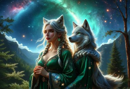 1girl, wolf, tree, star \(sky\), braid, animal ears, earrings, long hair, jewelry, breasts, cleavage cutout, starry sky, white hair, green dress, dress, sky, animal, looking at viewer, cleavage, fur trim, long sleeves, planet, green eyes, outdoors, clothing cutout, cloak, wide sleeves, space, hair between eyes, parted lips, side braid,
(beautiful, painterly, detailed, textural, artistic, aesthetic, masterpiece, best quality), ((intricate details, highly detailed, ultra-detailed, absurdres, unreal engine, octane rendering, high contrast, vivid, vibrant, volumetric lighting)), 
midjourneyv6.1, ais-particlez, made of cd's