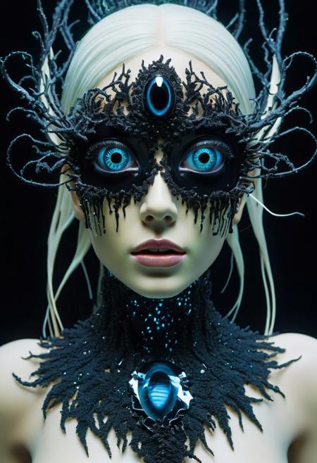 found in a lab, a hyperdetailed male-female artificial being, with uncanny black sclera void eyes, that emanate an unsettling eerie feeling, depicted in a surreal bioiluminescent land, planted with melting paintings and shattered mirrors, distorted reflections, chromatic aberration, dynamic lighting