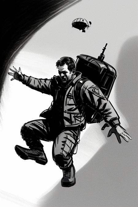 a soldier jumping from a airplane, greyscale <lora:dan_milligan:0.8>