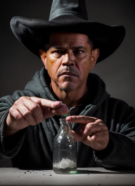 <lora:tuco:1>, portrait (Tuco Salamanka as alchemist:1.3),  (fantasy:1.3), airbrush painting, (alchemist mixing potions:1.3), pointy wizard hat, magic, potions, (wizard robes:1.2), Breaking Bad, (highly detailed:1.3), (intense color:1.1), (beautiful:1.3), (seductive:1.3) 3d, (seductive:1.3), vray, unreal engine, (8k:1.3), intricate background, uhd, realism, sharp focus, HDR, high definition, high resolution, by Albert Lynch and norman rockwell and (Alaya Lemmer:1.3) (hold blue crystall)