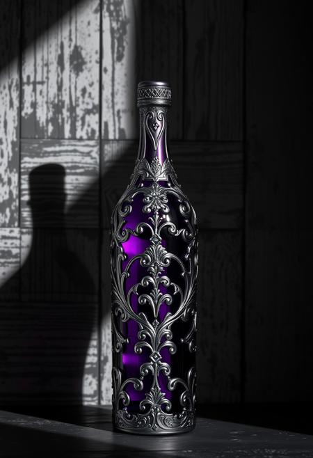 A Highly Detailed And Intricately Designed Purple And Silver Wine Bottle Surrounded By A Shadowy Black White And Gray Weathered Shelf Background