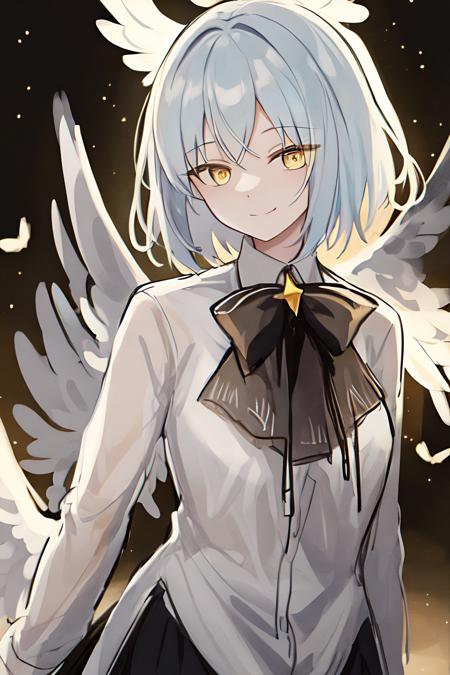 ((sketch)),masterpiece, best quality, sketch,1boy,, angel_wings, bangs, bird_wings, black_skirt, black_wings, closed_mouth, cowboy_shot, feathered_wings, light_particles, looking_at_viewer, night, night_sky, shooting_star, short_hair, sky, snow, snowing, solo, space, star_\(sky\), starry_sky, white_wings, wings, yellow_eyes,smile