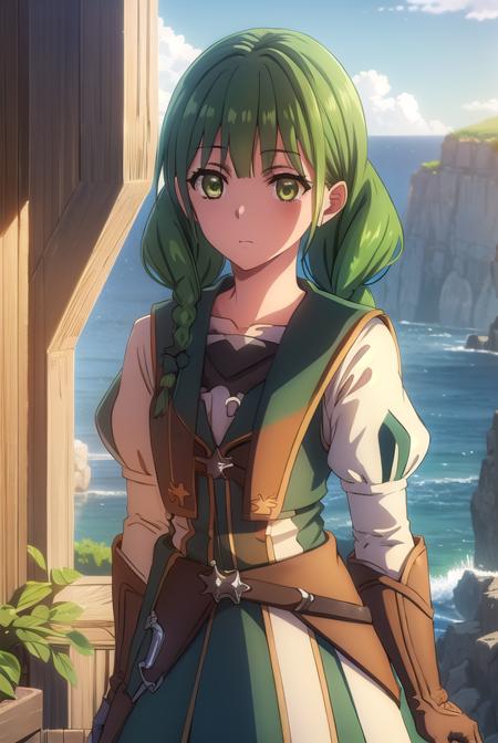 rishiaivyred, <lora:rishia ivyred s3-lora-nochekaiser:1>,
rishia ivyred, long hair, bow, (green eyes:1.3), braid, hair bow, green hair, twin braids,
BREAK gloves, dress, brown gloves, green dress, skirt, white skirt, puffy sleeves,
BREAK outdoors, forest, nature, sun, sky, trees, clouds, grass,
BREAK looking at viewer, (cowboy shot:1.5),
BREAK <lyco:GoodHands-beta2:1>, (masterpiece:1.2), best quality, high resolution, unity 8k wallpaper, (illustration:0.8), (beautiful detailed eyes:1.6), extremely detailed face, perfect lighting, extremely detailed CG, (perfect hands, perfect anatomy),