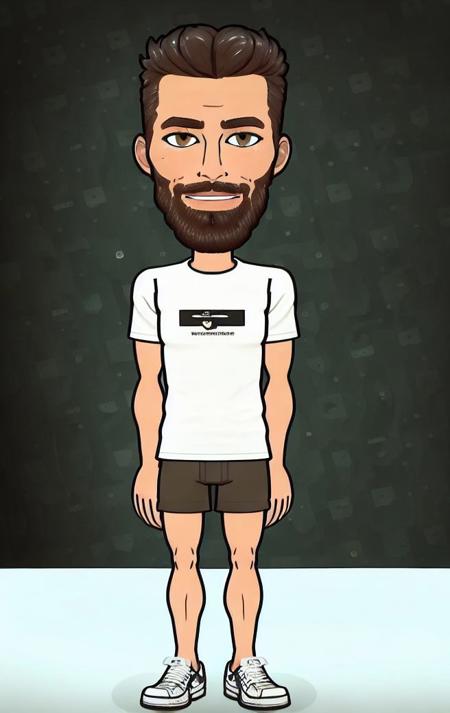 (gigachad:1.1), bitmoji_style, bitmoji style, bitmoji, 1boy, solo, looking at viewer, smile, brown hair, shirt, brown eyes, beard, muscular, standing, full body, shoes, shorts, light skin <lora:Gigachadv1:1>