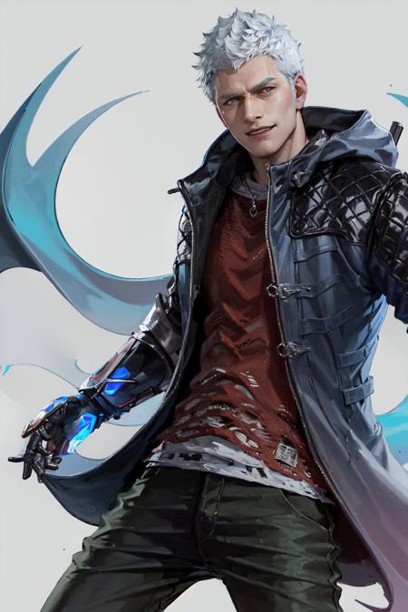 (masterpiece, best quality:1.2), <lora:dmc_nero-10:1>, cowboy shot, solo, male focus, 1boy, nero \(dmc5\), smile, closed mouth, looking at viewer, coat, hood, pants, (gloves:1.1)