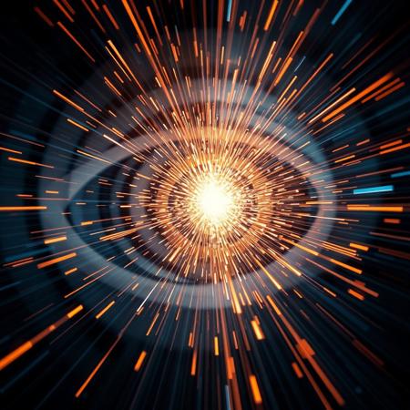 particle with high speed coliding in a particle accelerator, sparks, lights, spiral trajectories,
