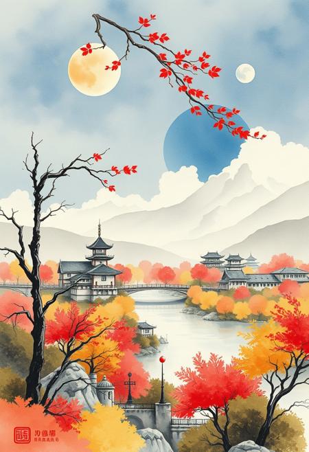 The gorgeous watercolor paintings designed by AI show a palace-level design sense and are pleasing to the eye. The design color is mainly red yellow orange like Autumn landscape.