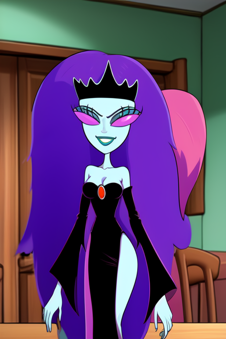 BlackPuddleQueen, blue skin, colored skin, pink eyes, solid eyes, tight dress, black dress, long sleeves, blue hair, long hair, black crown, long eyelashes, red broach, lips, hourglass figure, cleavage, smile, full body, nsfw