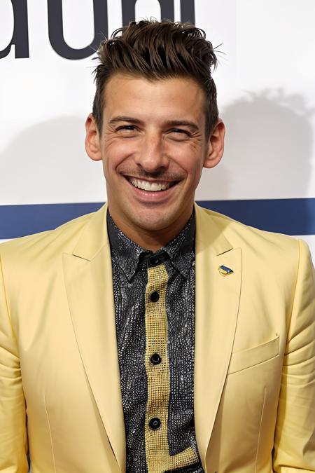 a photo of FrancescoGabbani in a yellow suit, (smile:1.2) <lora:FrancescoGabbaniLora:1>