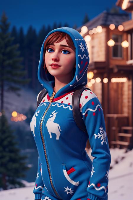 <lora:VRAMsOnesie:0.6>, vramsonsie, 1girl, solo, blue eyes, brown hair, onesie, hood, bokeh, night, winter, cinematic, posing, blurry background, floating, three-quarter view, closeup, happy