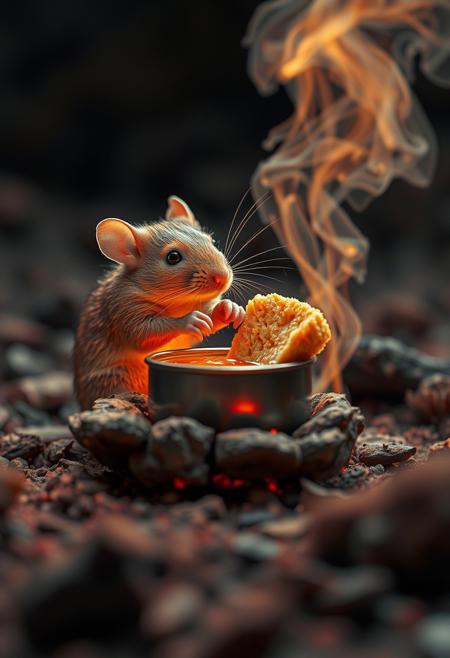 surreal VFX, nano-rat cooking  chicken soup on a campfire seen under an electron scanning microscope, with details, vivid colors
