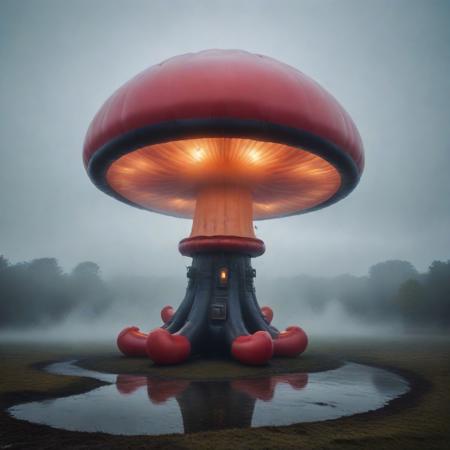 sfw, shnywrld, art style,  ,masterpiece,(best quality),extremely detailed ,   scifi, cyberpunk, steampunk, inflatable, zipper, mushroom, dramatic scene, in an open space, liminal,colourful fog, mist,colourful smoke, , shnywrld<lora:challenge\shinyworld_2dim.safetensors:0.75:0.75>