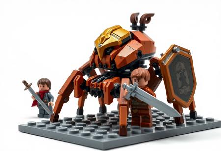 Painterly depiction in the style of Raphael and infused with the complex visual depth reminiscent of Houdini renderings. A dramatic scene featuring a brown and black Lego spider robot with a prominent gold helmet, its eight-legged form poised for action on a gray baseplate. It holds a sword and shield, joined by two Lego minifigures, one with a sword, one with a shield, their small plastic figures imbued with character and intensity. The background is a striking, perhaps subtly textured or dramatically lit white. The image employs sharp lines and brush strokes, stunning and harmonious colors, multi-colored accents. Grammer Effect Style applied for a unique visual texture. Beautiful detailed eyes on the minifigures. Impeccable composition, beautiful matte painting finish. High-res, 4K, Exceptional Quality, More Detail, Super Detailed Face and Eyes and Clothes, Handcrafted with Precision, High Quality, Balanced Editing.