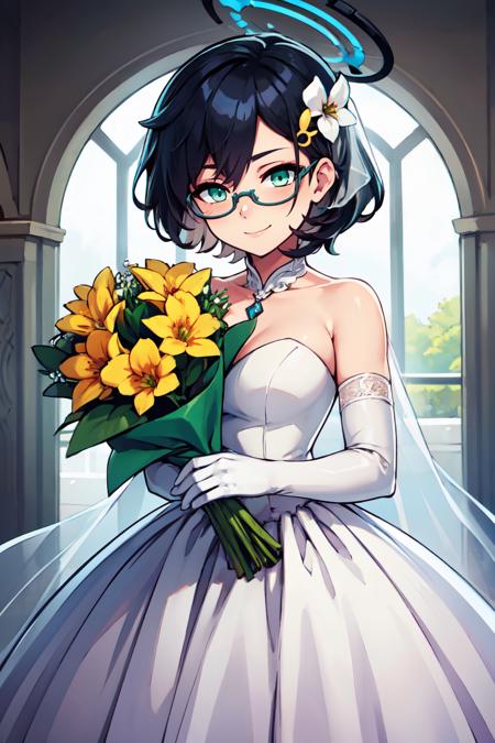  zzChihiro, green eyes, black hair, short hair, glasses, halo, hair ornament blue cardigan, blue necktie, white shirt, black skirt, pleated skirt, wristwatch, open jacket ,