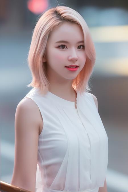 <lora:twiceChaeyoungV1:1>,Chaeyoung,1girl,woman,complex 3d render ultra detailed, smile, portrait of beautiful woman, moody portrait, striking features, beauty, intricate details, dramatic composition, tension, contrast, texture, realism, high-quality rendering, stunning art, high quality, film grain, Fujifilm XT3,swirly bokeh,(realistic, photo-realistic:1.4),RAW photo,physically-based rendering,(looking at viewer:1.4),(8k, best quality, masterpiece:1.2),(full body shot:1.2),octane render,extremely detailed CG, unity 8k wallpaper,in street,urban,city,(studio soft light,sunlight:1.1),hyper realistic detail shiny skin,ultra detailed,(standing:1.1),(a girl is wearing sleeveless:1.5),(ultra realistic:1.5),(intricate:1.1),(photorealistic:1.4),1girl,(skinny:1.3),detailed background ,(large breasts:1.1)