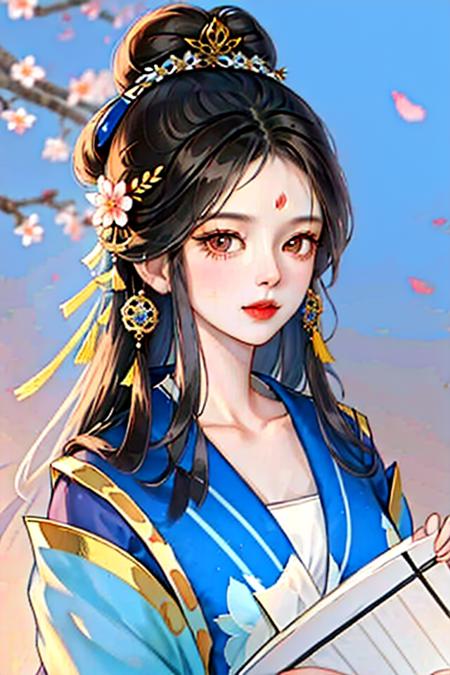 1girl, beads, black hair, blue background, branch, brown hair, chinese clothes, earrings, falling petals, flower, hair bun, hair ornament, jewelry, long hair, looking at viewer, paper, petals, single hair bun, solo, upper body,(shiny skin),(masterpiece:1.4),(best quality:1.4), <lora:animeV2.1:0.800000>