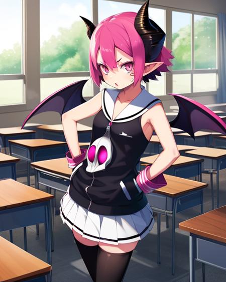 Raspberyl,pointy ears, black horns, pink eyes,  solo, hands on hips, cute expression, upper body, 
outers pace, classroom,   windows, 
(insanely detailed, beautiful detailed face, masterpiece, best quality)        <lora:Raspberyl:0.8>