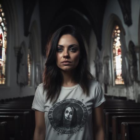 closeup of (ohwx woman) in a Creepy Churches , wearing a t-shirt, <lora:kunis_lora_sdxl_v2-000006:1>, dark atmosphere,