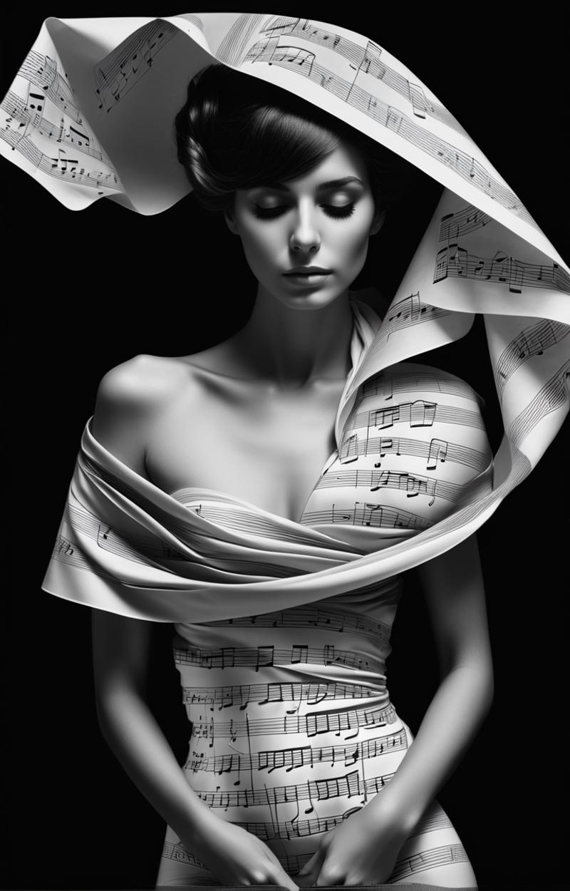 A Female Model Posing with Music Sheet Scarf and Black Background