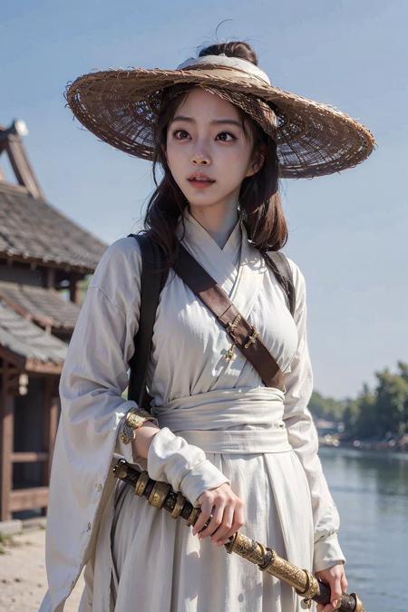 1girl dress like move The Flying Swords of Dragon Gate, white_linen_clothes, furry_caot, bamboo_hat, masterpiece, best quality, 8k, photorealistic,  <lora:Han_Ye_Seul_v3:1>