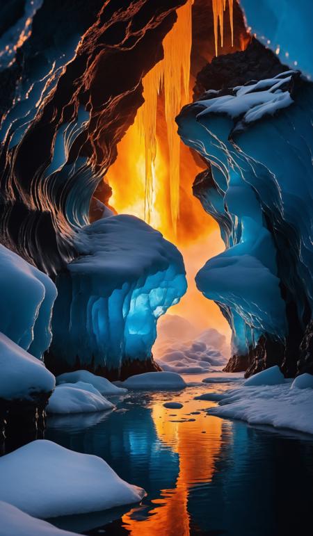 Hot thick lava flowing into a crystal blue ice cave in iceland, heat and steam fill the thick air, a mixture of fire and ice with cracks and liquid lava, (sharp focus:1.2), extremely detailed, (photorealistic:1.4), (RAW image, 8k high resolution:1.2), RAW candid cinema, 16mm, color graded Portra 400 film, ultra realistic, subsurface scattering, ray tracing, (volumetric lighting), extreme contrast, intricate details, reflections on ice, reflections on water, water pouring down