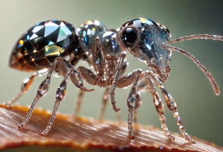 cs-cr1stal-v2, ultra-detailed, high resolution, macro animal photography, extreme closeup, a crystal ant, black crystal eyes, (six legs), striped pattern, on an autumn leaf, head up, two antennae feelers sensing the cold season