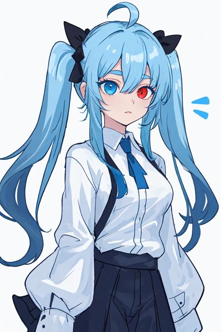 (best quality, masterpiece), 1girl, (female focus), ahoge, white blue hair, ((white shirt), (overfit shrit)), long hair, standing, twintails, [[mild heterochromia]], white background