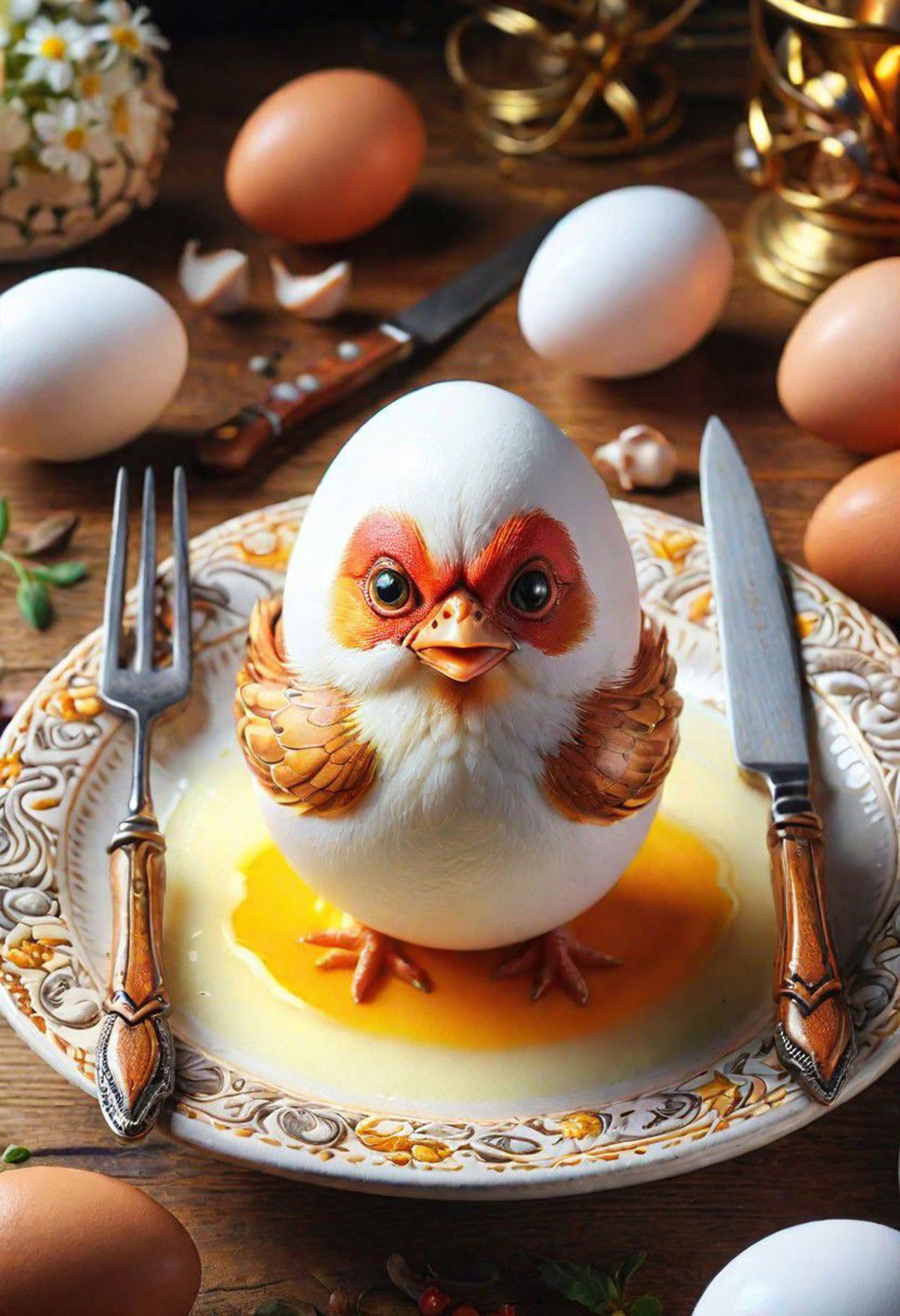 Decorative Egg with Eyes and Chicken Wings on a Plate with a Fork and Knife