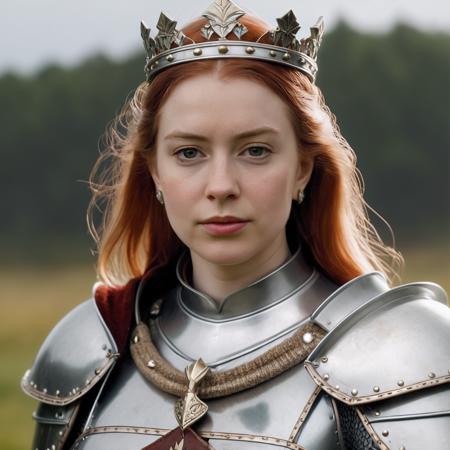Photo of a young woman (queen Elizabeth from the game Heroes of might and magic 5) in medieval armor and royal mantle, subtle metal reflections, upper body, outdoors, field, overcast, sharp focus, natural cinematic lighting, octane render, unreal engine
