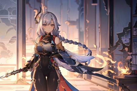 masterpiece, best quality,g1a2s, 1girl, shenhe (genshin impact), long hair, solo, hair ornament, gloves, black gloves, standing, white hair, full body, holding, from behind, bodysuit, braid, weapon, black bodysuit, shadow, walking, high heels, shoulder cutout, indoors, partially fingerless gloves, chinese clothes, long sleeves, very long hair, clothing cutout, breast curtain, holding weapon, wide shot, braided ponytail, hip vent, polearm, tassel, hand up, facing away, bare shoulders, breasts, hair over one eye, building, blurry, elbow gloves, detached sleeves, grey hair