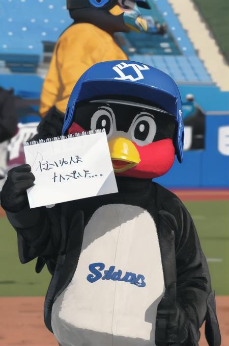 masterpiece, best quality, ultra-detailed, illustration,
tsuba9rou, mascot, holding sign, holding, looking at viewer, helmet, baseball cap, upper body, furry male, open mouth, beak, v, black eyes, smile, sign, furry, blurry background, blurry, stadium, 
 <lora:Tsubakurou_V1_1.0_MIDD_ResizeDIM8:1>