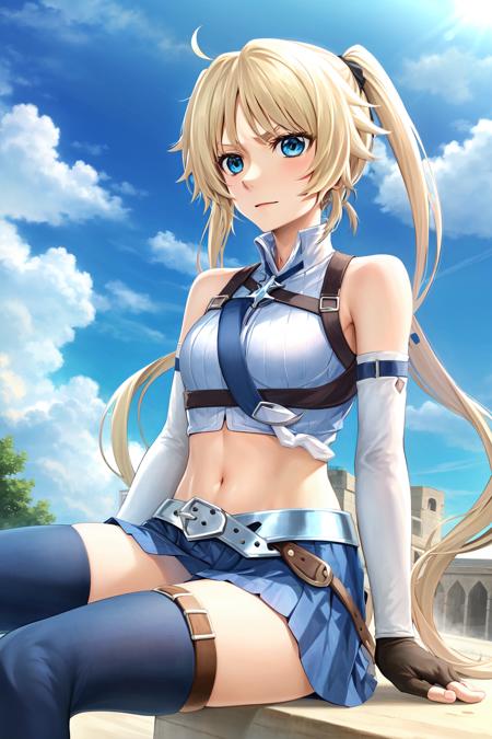 1girl,  angelica, midriff, bare shoulders, thighhighs,  belt, elbow gloves, fingerless gloves, long hair, twintails,  skirt, town, medieval, sky, sitting,   <lora:angelica-color:1>, , highres, absurdres,