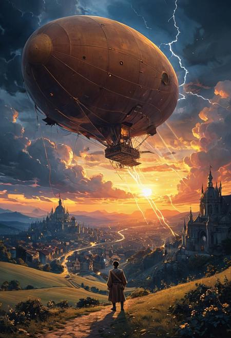 a wanderer between worlds in flowing clothes, (epic landscape:1.5),  (style Historical drawing), (style Historical painting),best quality, masterpiece, extremely detailed,  professional  art,  professional painting, an extremely delicate and beautiful, dynamic,  great lighting, perfect shading, professional shading, depth of field,   side soft light, elegant, gorgeous, highly detailed,   full shot, uncropped,   pure genious, absolutely perfect,  highly detailed, breathtaking,
image style is Osamu Tezuka  ,, at the gates of a city of the baroque era in the style of Terry Pratchet , entering the city, starfield, beautiful light scenery, cinematic lighting, godrays, light beams , ((photo raw, hdr, highres, best quality)), Low-Key Lighting and rossdraws global illumination Texture Overlay , , , at sunset ,a massive, rusting airship floating through the sky, surrounded by storm clouds and flashing lightning.,
<lora:psychedelic_trip:0.7> psychedelic trip,
<lora:EldritchRomanceIllustration1.3.1:0.5>,
<lora:- SDXL - vanta-black_contrast_V3.0:0.2>,
<lora:add-detail-xl:1>,
<lora:detailed_notrigger:1>,