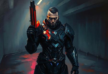 An atmospheric oil painting in a neo-noir cyberpunk style, depicting an epic grimdark chad in a futuristic suit of armor, rendered with impasto texture. The armor is mainly black and silver, catching subtle, moody blue reflections, while blue accents are highlighted. He stands in a dimly lit, damp concrete room, holding a substantial red and black gun pointed upwards. The paint strokes are visible, adding depth and texture. His gaze is directed intently at the camera, rendered with expressive brushwork. Reflections of distant neon lights might shimmer on the wet concrete floor or the armor. The lighting is dark and evocative, emphasizing mood over clarity. The overall scene feels like a dark, painted vision from a dystopian future. 4K, Exceptional Quality, More Detail, Lifelike Details, Super Detailed Face and Eyes and Clothes, Handcrafted with Precision, High Quality, Sharp Lines and Brush Strokes, Stunning Colors, Harmonious Colors, Multi Colored, Contemporary Aesthetics, Beautiful Matte Painting, Impeccable Composition, Creative Angle, Attractive Background, Balanced Editing, Intentional Focus, Well-timed Moment, Isometric, Dynamic Action Pose, Captivating Lighting, Grammer Effect Style, Splash Ink Illustration, Octane Render, Unreal Engine 5, Raphael Style, Houdini Style, Vivid Emotions, Joyful Impact, Powerful Message, Beautiful Detailed Eyes, CGSociety, Artstation Trending on ArtstationHQ, Golden Ratio by Mark Brooks and Brad Kunkle detailed, UHD 8K.