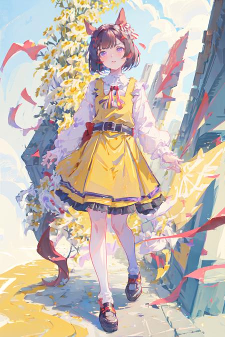 masterpiece, best quality,
nishino flower \(umamusume\),
buildings, holding flowers,
red ribbon, collared shirt, striped shirt, white shirt, long sleeves, pleated dress, yellow dress, pleated skirt, belt, black footwear, shoes,
<lora:nishino_flower_locon_0.99:0.8>