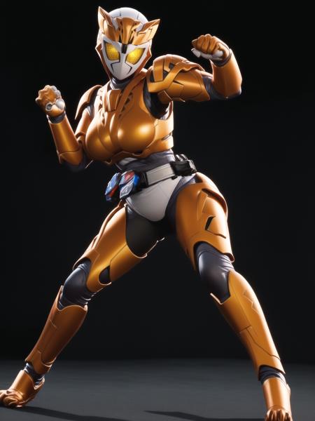 (masterpiece,best quality,4k,8k),kamen rider valkyrie RC, (1girl, solo, mature female,large breasts,wide hips,cameltoe,thighs), looking at viewer, animal ears, standing, full body, gloves, animal ears, full body, yellow eyes, armor, claw pose, fighting stance,leaning forward, bodysuit,glowing yellow eyes, armor, science fiction, tokusatsu, female focus, kamen rider,belt, <lora:kamen_rider_valkyrie_RC-10:0.7>