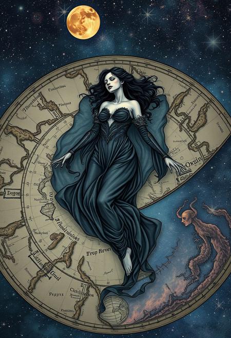A lone, ethereal woman floating in an ocean of stars, her body partially merging with ancient celestial maps., surrealism, melancholic atmosphere, dark fantasy, hyper-detailed linework, expressive female figures, vibrant color palette, gothic surreal, soft lighting, intricate costume design, mythological themes, symbolic imagery, emotional tension, baroque elements, delicate textures, graphic novel style, fine ink lines, contemporary surreal art, layered compositions
