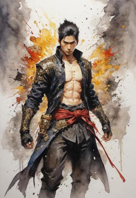 by Shotaro Ishinomori,  (shiny, artstyle-watercolor but extremely beautiful:1.4), (intricate details, masterpiece, best quality:1.4) , in the style of nicola samori, 
long hu men style 2D art, Vibrant, dynamic, arcade, 2D fighting game, highly detailed, reminiscent of long hu men series,, looking at viewer