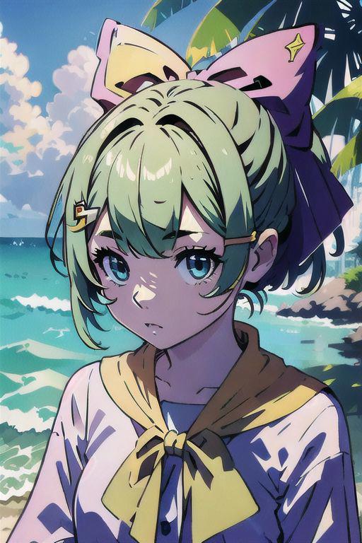 Green Short Hair Purple Bow Girl image by AIArtsChannel