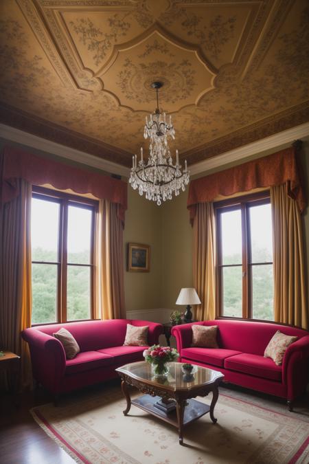 A realistic vision of a living room draped in velvet and flowers, inspired by the styles of Anton Fadeev and J. Ottis Adams. The room features a couch, chairs, and a table, and is taken from a side view. The room showcases textures such as velvet drapes and a simple ceiling. The room has an intricate organic painting and intricate details. The photo was taken in a rural location.