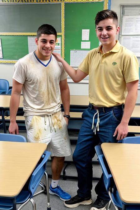 three male students wearing a (cumrag:1.2), on a (classroom, background:1.25) <lora:cumrag-000006_v12:1:lbw=OUTALL>,
(sweaty:0.8), (yellowish:0.7) (whitish:0.8) (dry stains:1.2), goo, old, stinky, gross, sticky, nasty, disgusting, (dirty:0.6), repulsive