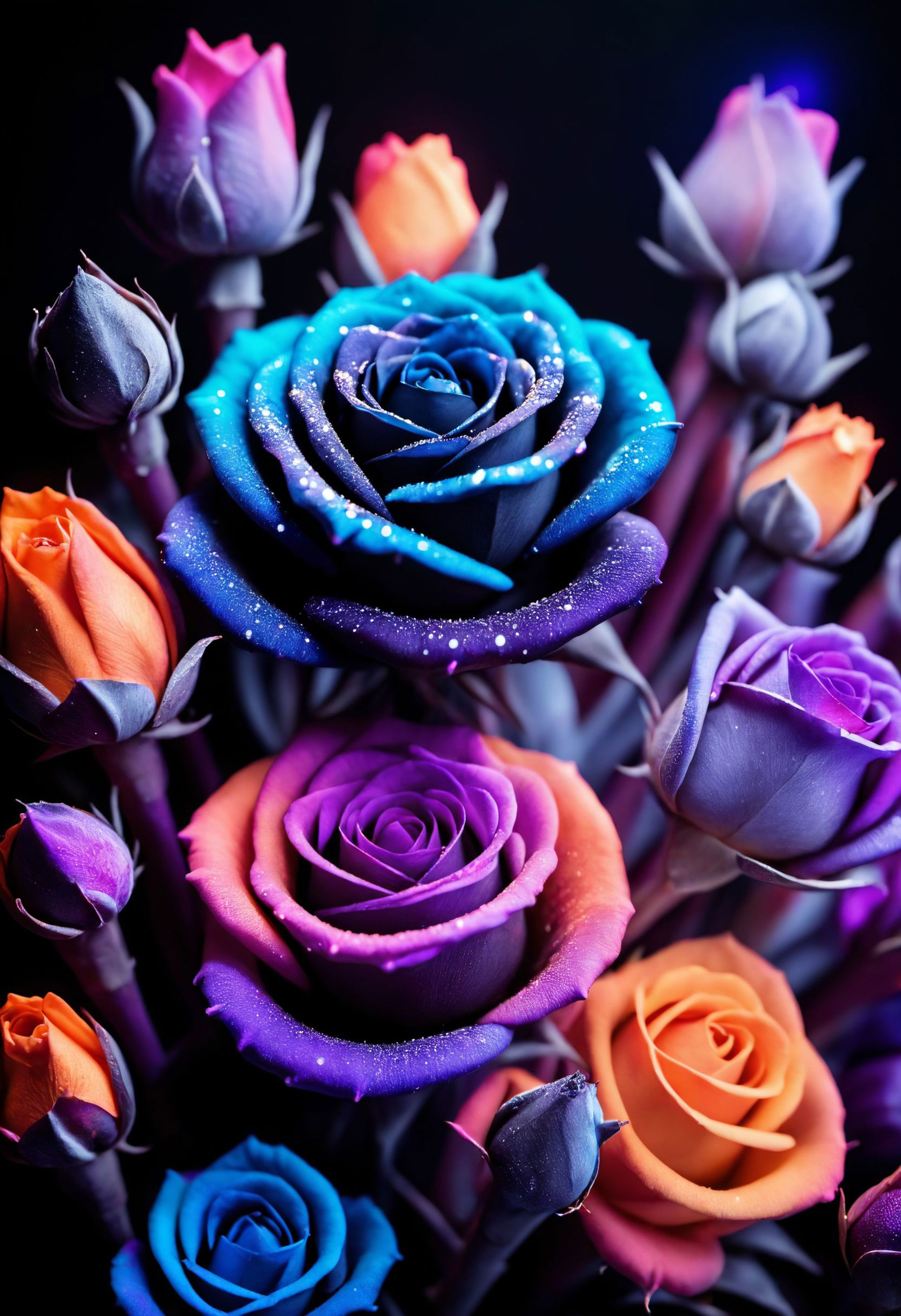 A bouquet of colorful roses with purple, orange, and blue flowers.