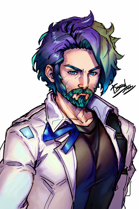 Duskfallcrew Art Style, 1boy, male focus, solo, short hair, blue eyes, two tone hair, gradient hair, green hair, purple hair, facial hair, portrait, bright pupils, beard, mustache, white shirt, black jacket, looking at viewer, white background, simple background, masterpiece, official art <lora:DuskArtV7:1>