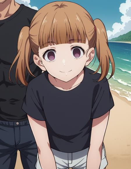 shiori kobayakawa, bangs, brown hair, twintails, purple eyes, blunt bangs, empty eyes, short sleeves, pants, black shirt, t-shirt,